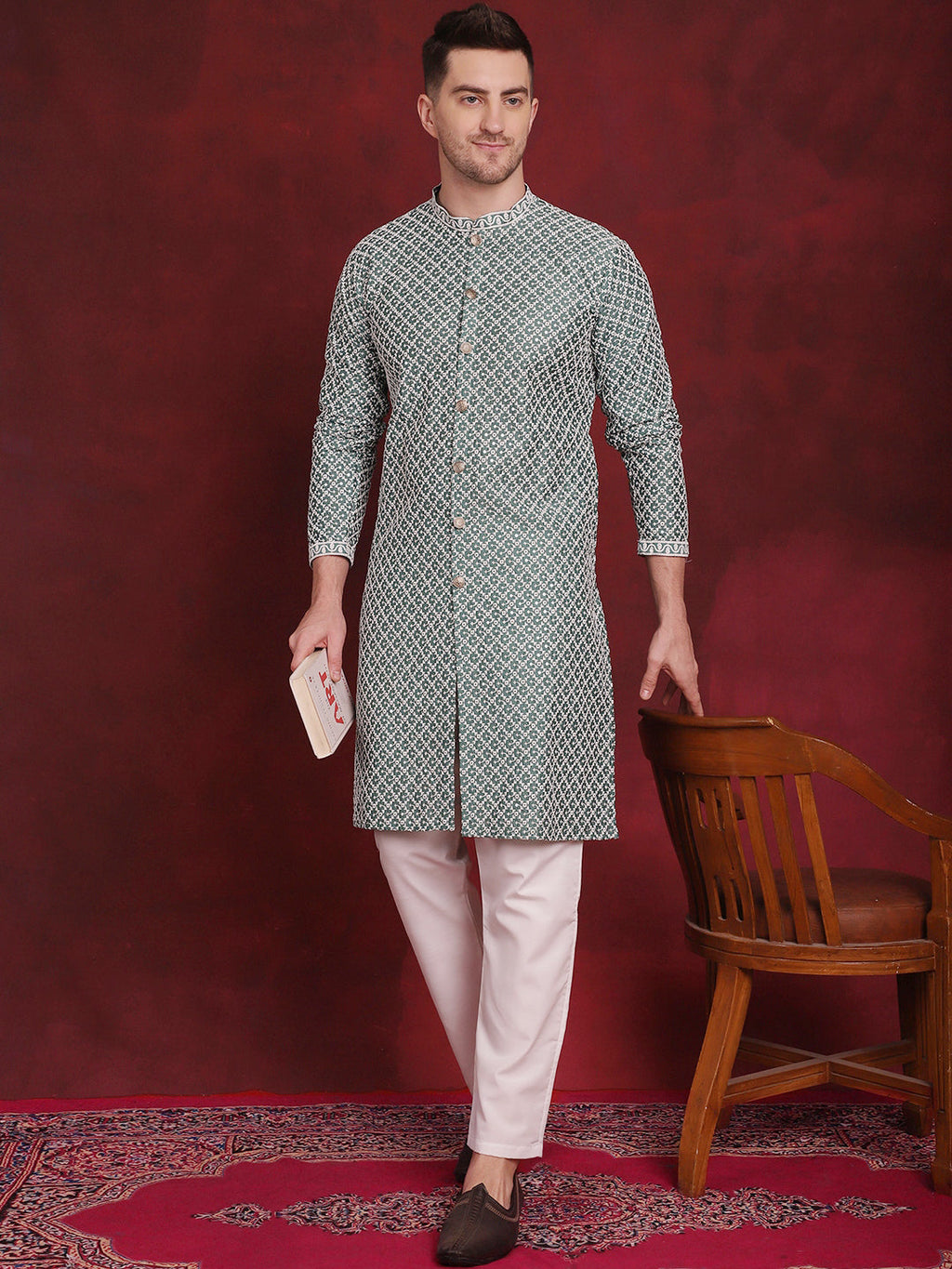 Jompers Men's Sequin Chikankari Front Open Kurta With Pyjamas - Green