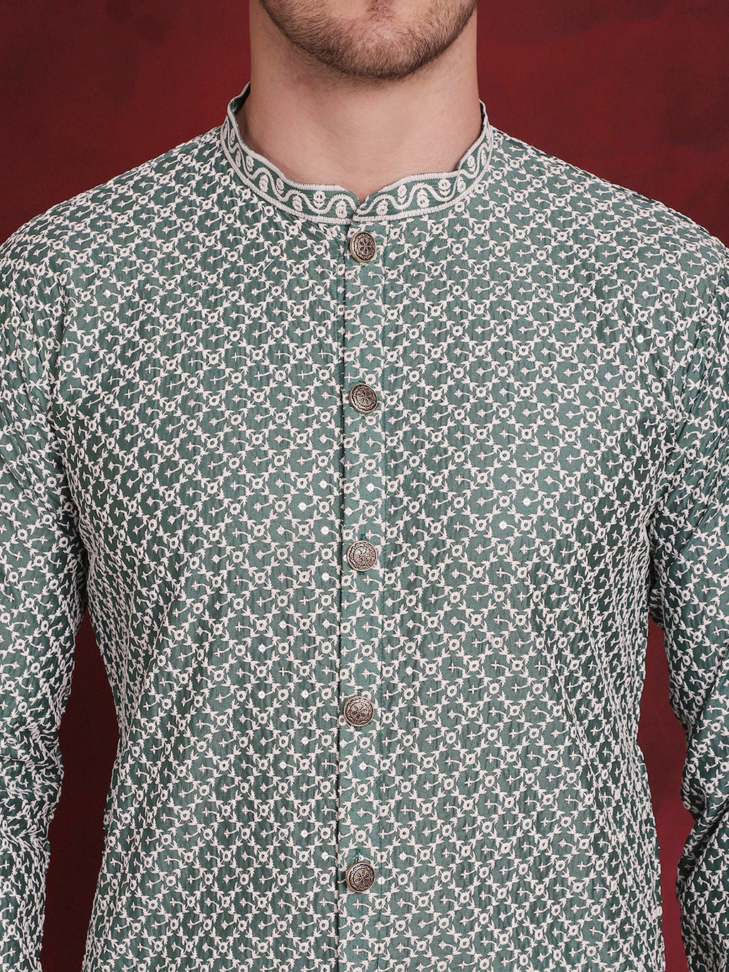 Jompers Men's Sequin Chikankari Front Open Kurta With Pyjamas - Green