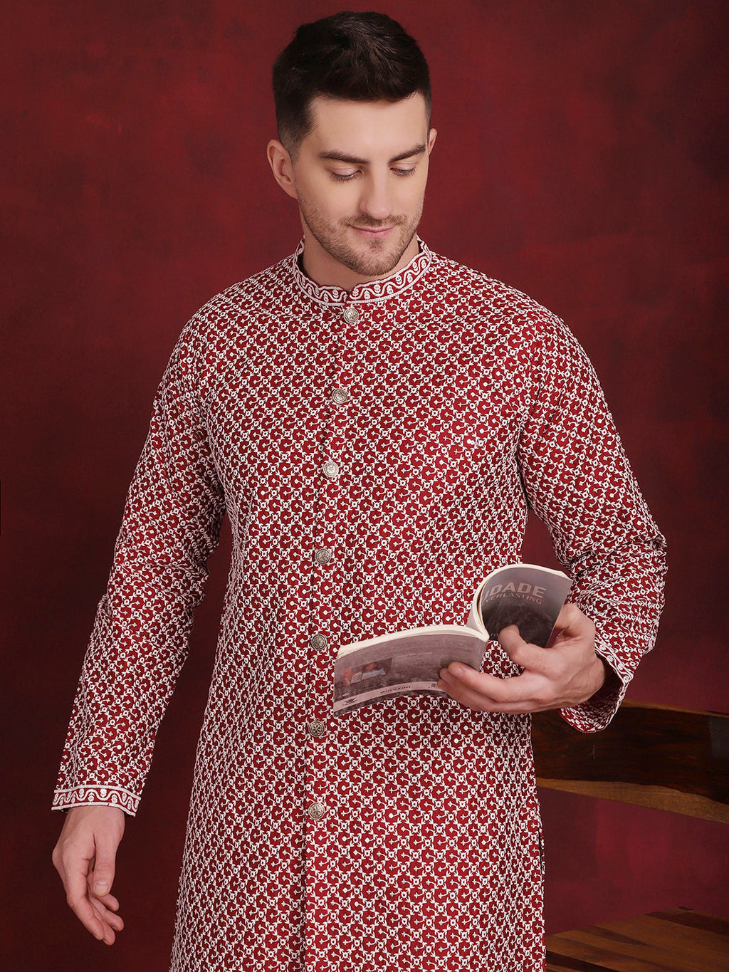 Jompers Men's Sequin Chikankari Front Open Kurta With Pyjamas - Maroon