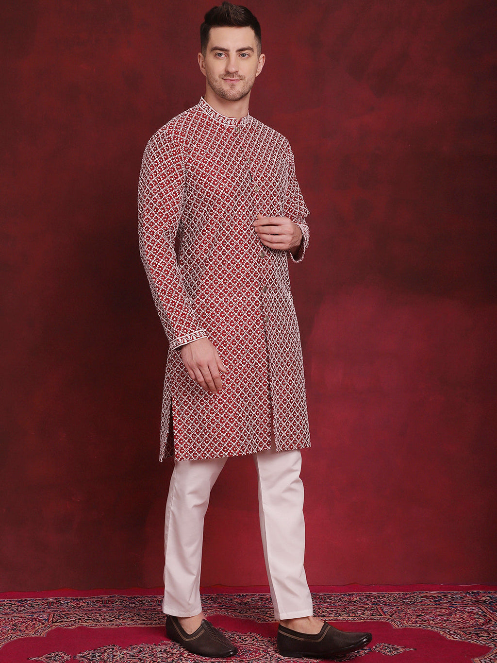 Jompers Men's Sequin Chikankari Front Open Kurta With Pyjamas - Maroon