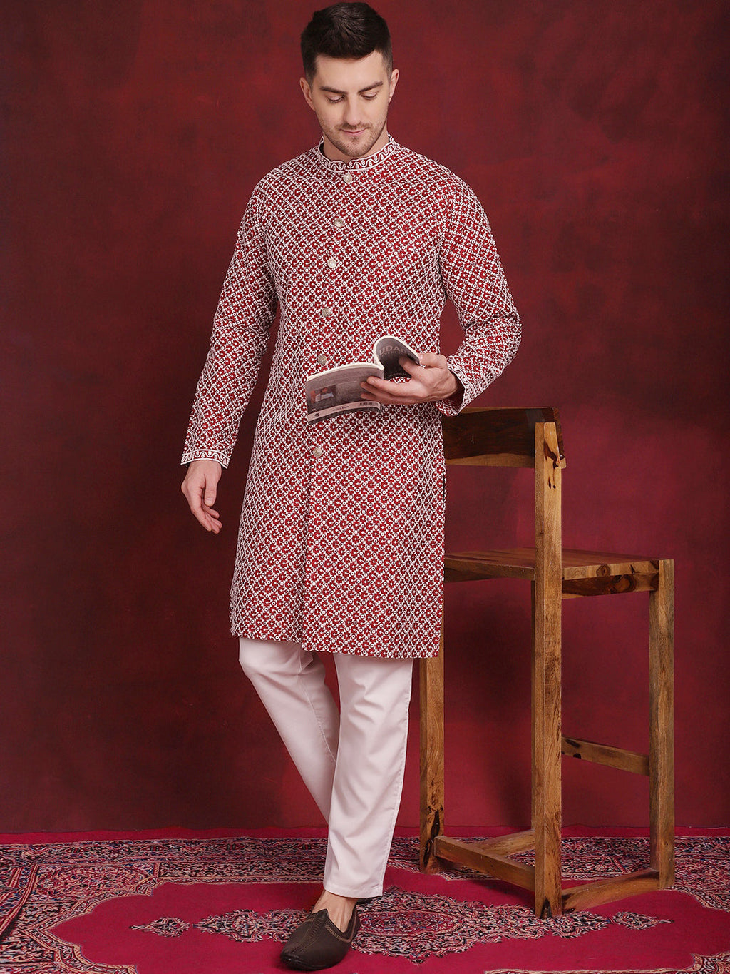 Jompers Men's Sequin Chikankari Front Open Kurta With Pyjamas - Maroon