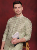 Jompers Men's Sequin Chikankari Front Open Kurta With Pyjamas - Pista