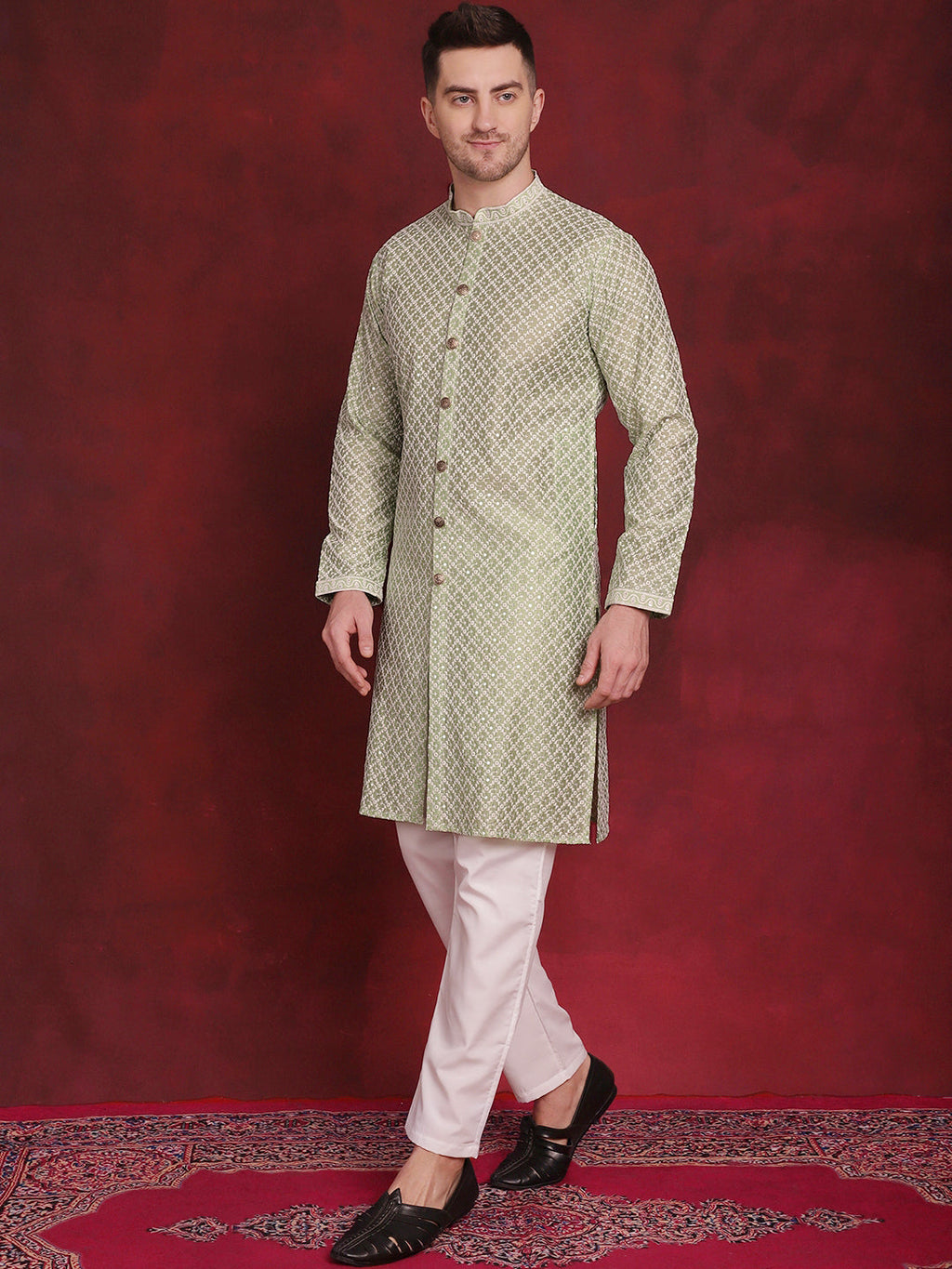 Jompers Men's Sequin Chikankari Front Open Kurta With Pyjamas - Pista