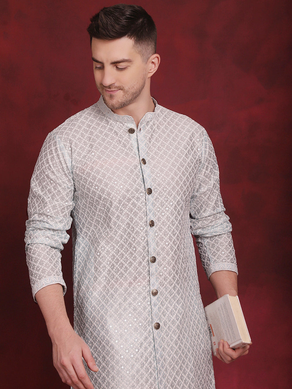Jompers Men's Sequin Chikankari Front Open Kurta With Pyjamas - Sky Blue