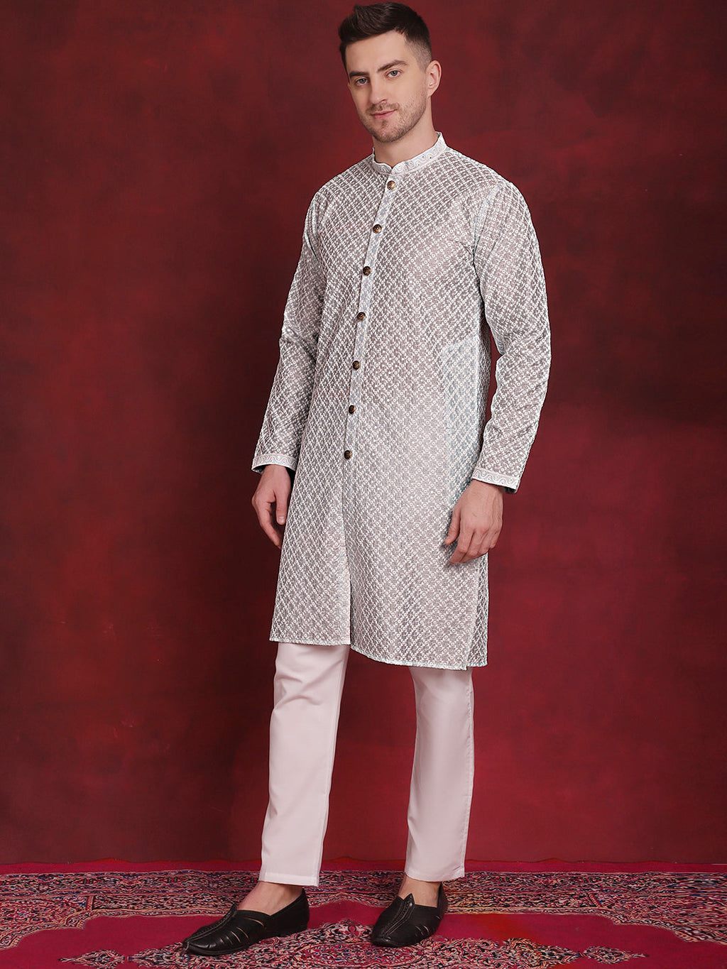 Jompers Men's Sequin Chikankari Front Open Kurta With Pyjamas - Sky Blue