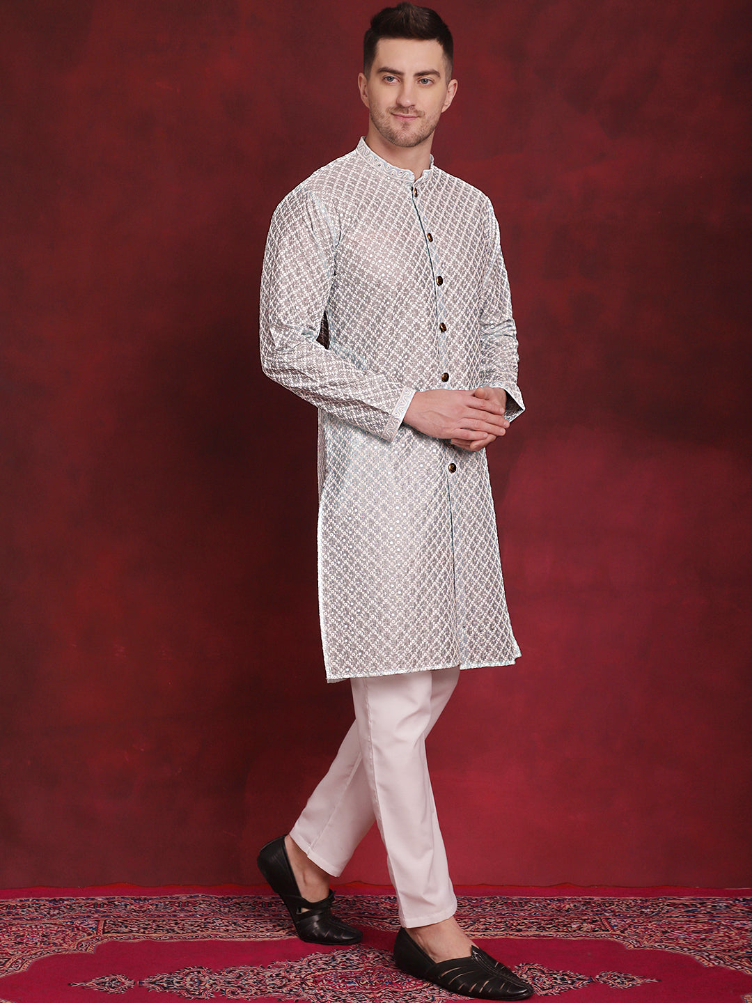 Jompers Men's Sequin Chikankari Front Open Kurta With Pyjamas - Sky Blue