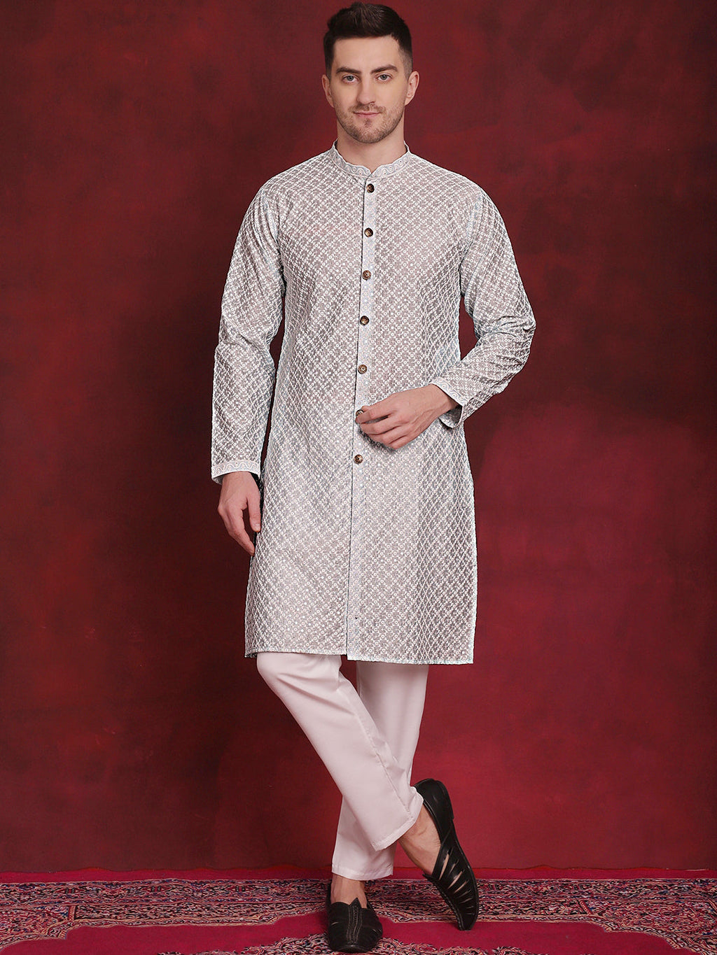 Jompers Men's Sequin Chikankari Front Open Kurta With Pyjamas - Sky Blue