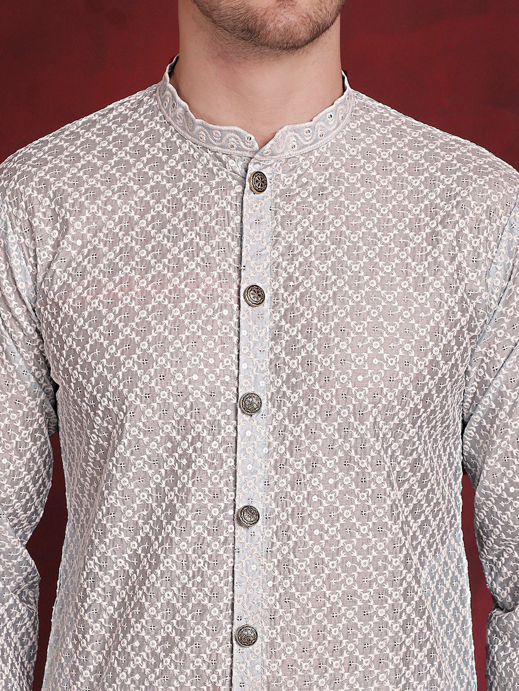 Jompers Men's Sequin Chikankari Front Open Kurta With Pyjamas - Sky Blue