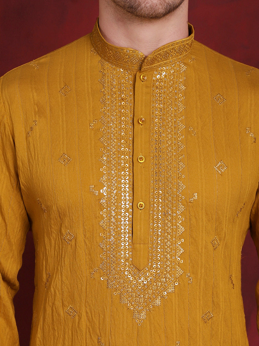 Jompers Men's Sequins Embroidered Kurta Pyjama Set - Mustard