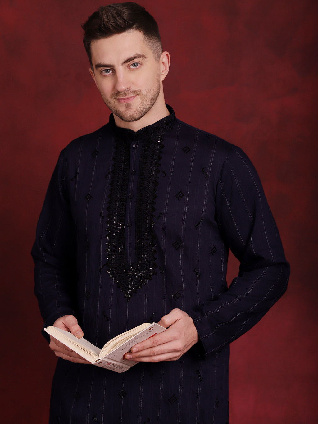 Jompers Men's Sequins Embroidered Kurta Pyjama Set - B-Navy Blue