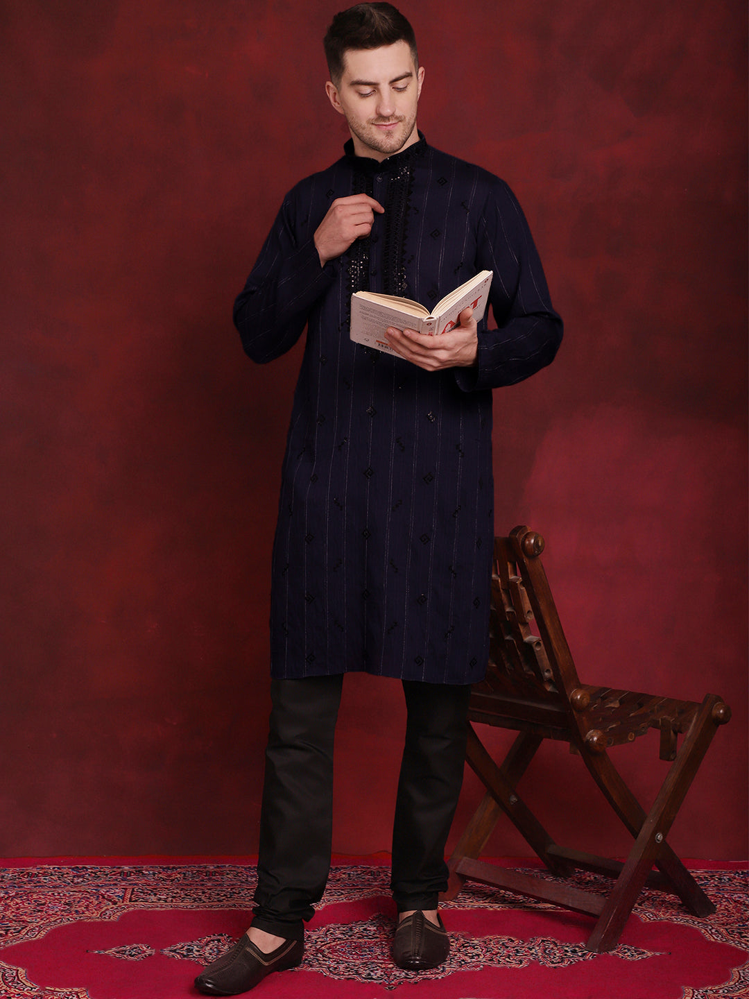 Jompers Men's Sequins Embroidered Kurta Pyjama Set - B-Navy Blue