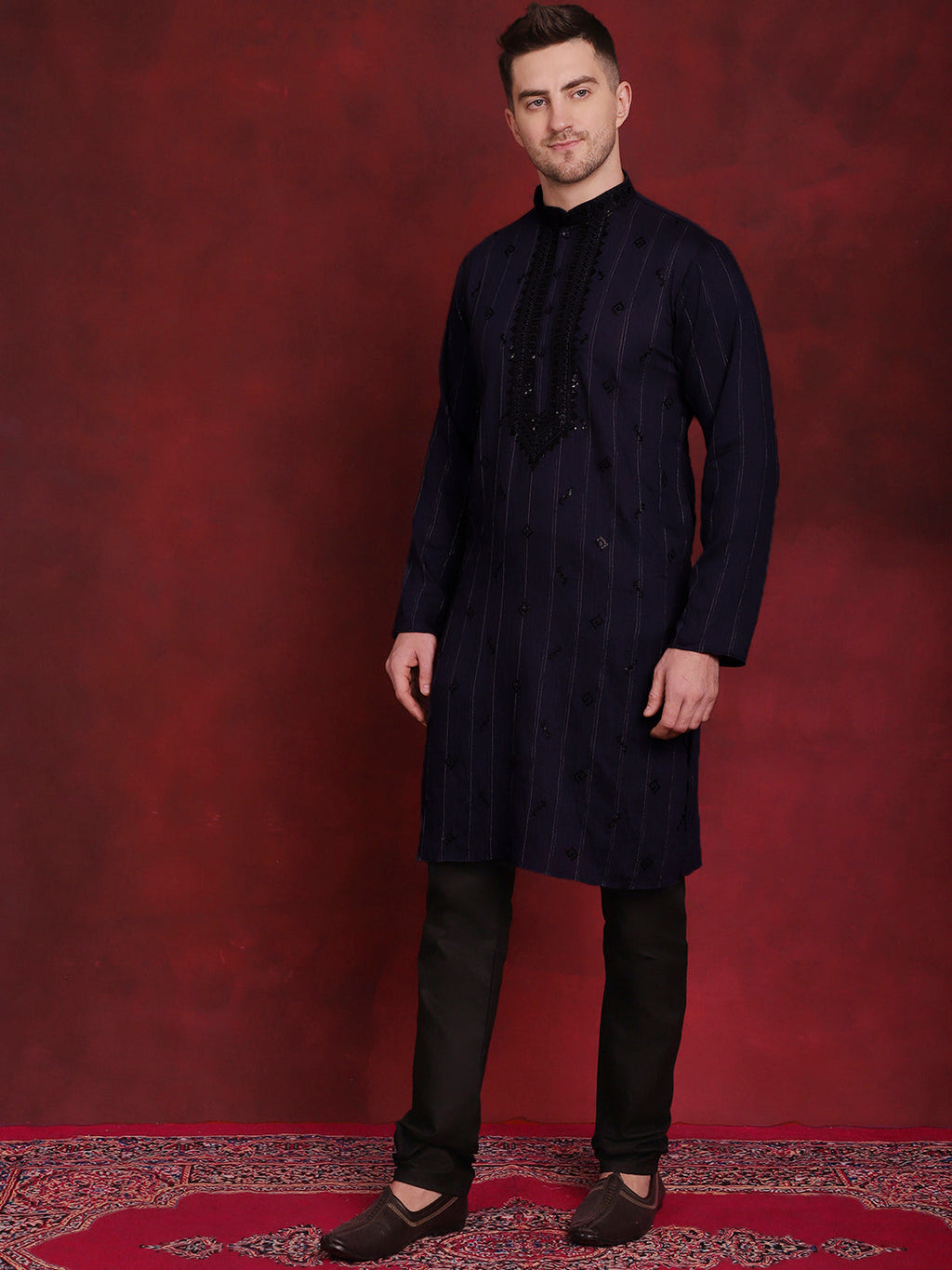 Jompers Men's Sequins Embroidered Kurta Pyjama Set - B-Navy Blue