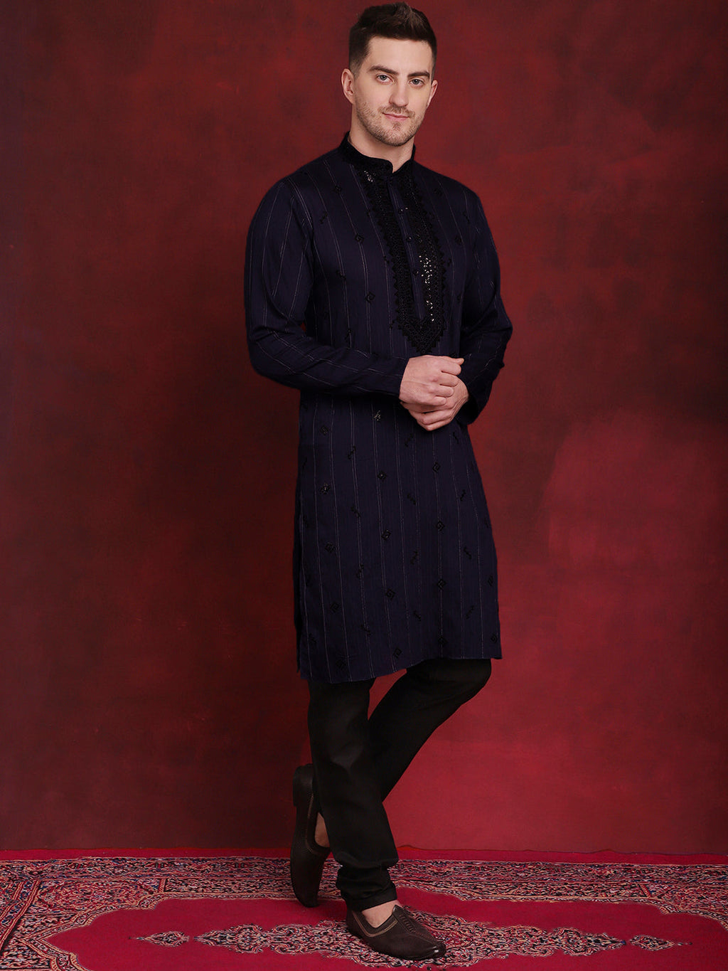 Jompers Men's Sequins Embroidered Kurta Pyjama Set - B-Navy Blue
