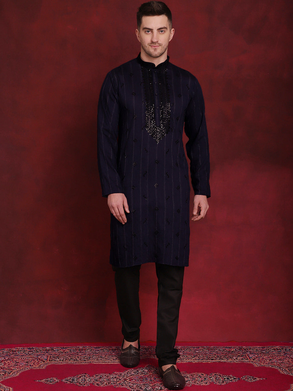 Jompers Men's Sequins Embroidered Kurta Pyjama Set - B-Navy Blue