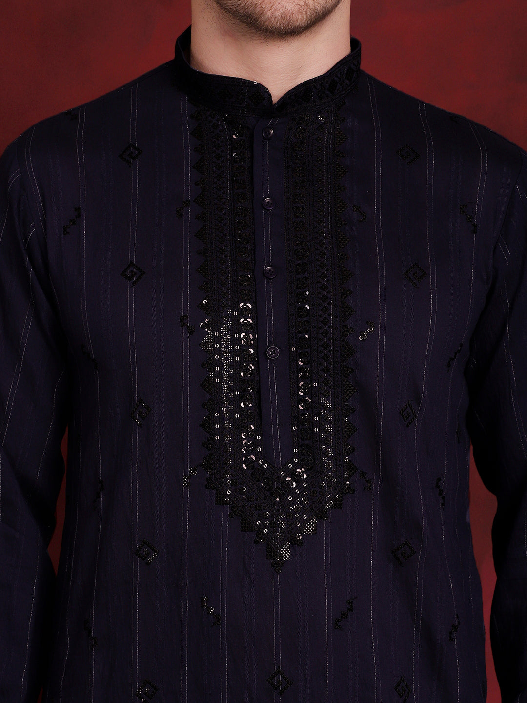 Jompers Men's Sequins Embroidered Kurta Pyjama Set - B-Navy Blue