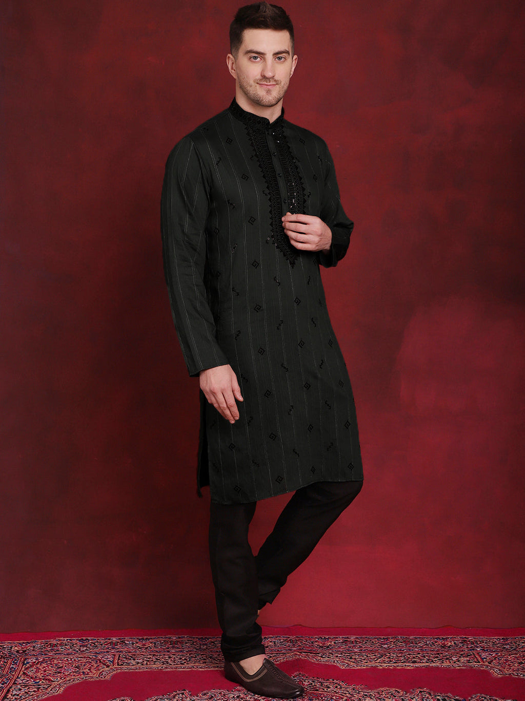Jompers Men's Sequins Embroidered Kurta Pyjama Set - B-Olive