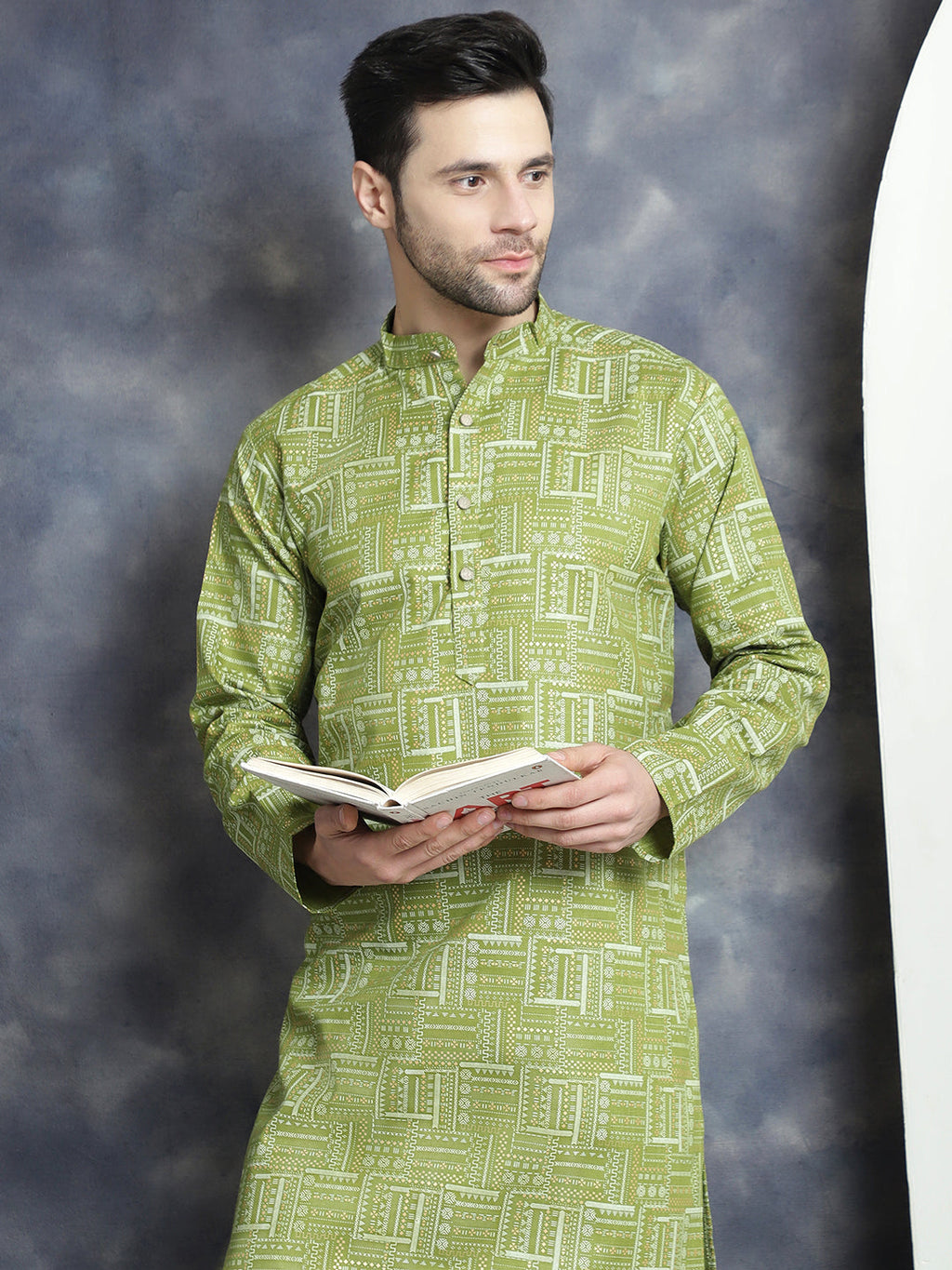 Jompers Men's Printed Kurta with Churidar - Olive