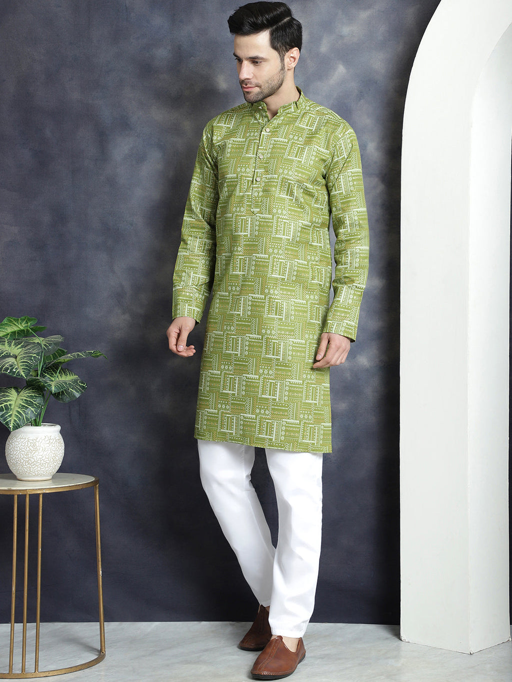 Jompers Men's Printed Kurta with Churidar - Olive