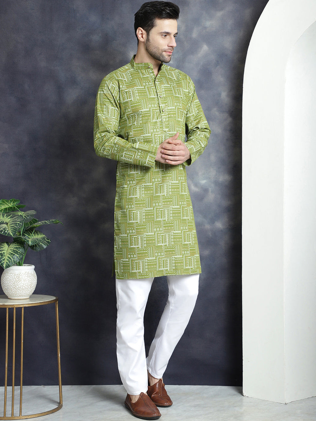 Jompers Men's Printed Kurta with Churidar - Olive
