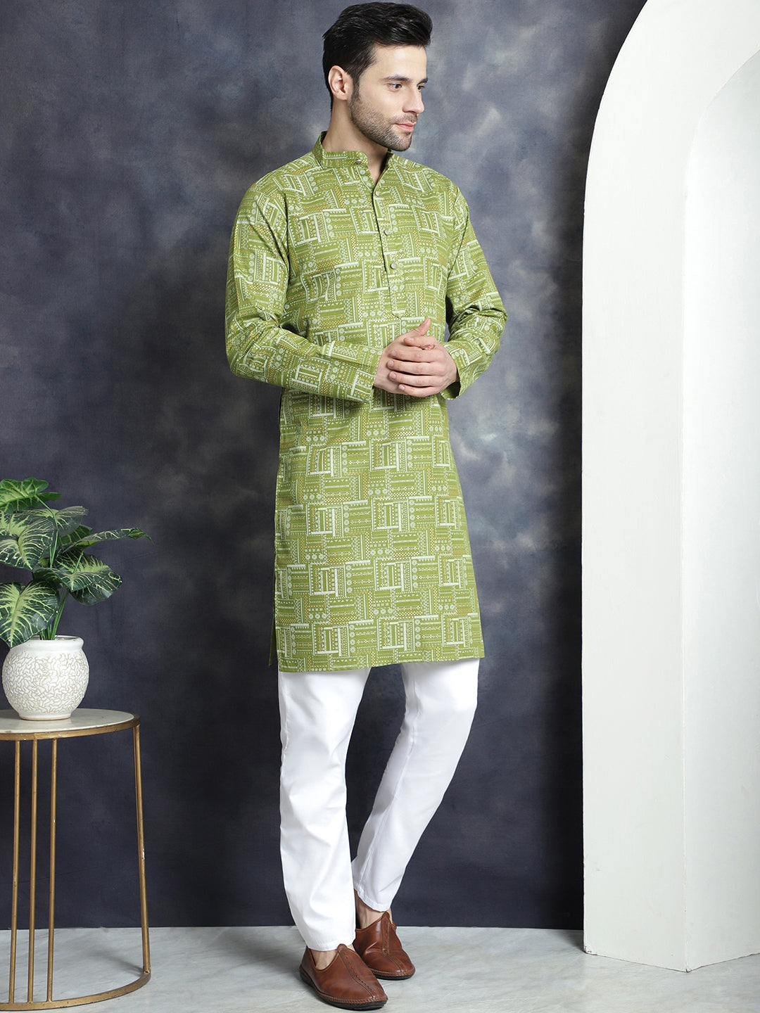 Jompers Men's Printed Kurta with Churidar - Olive
