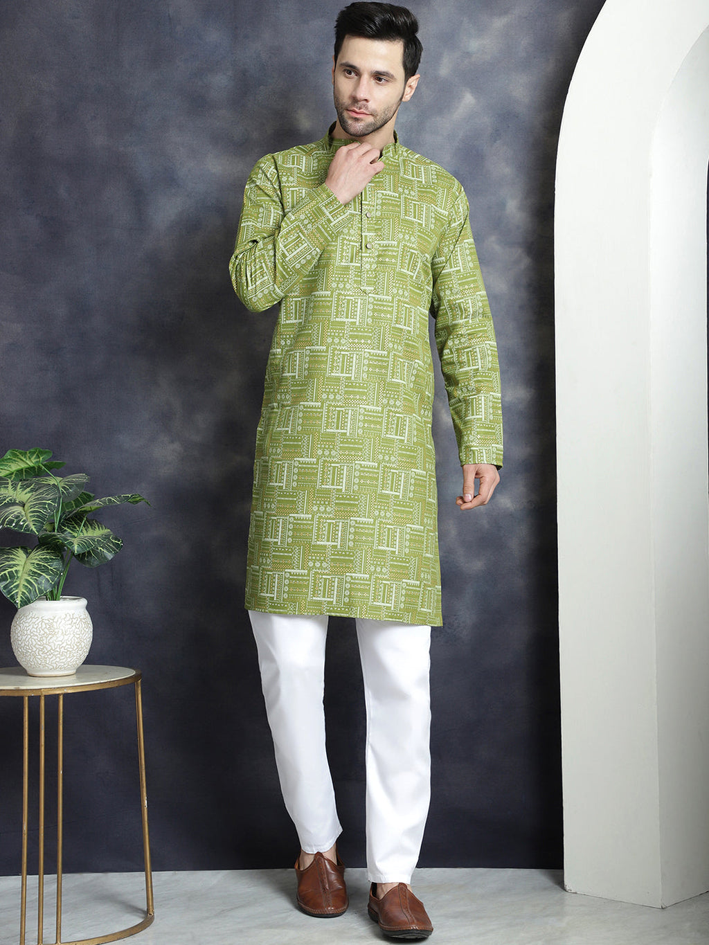 Jompers Men's Printed Kurta with Churidar - Olive