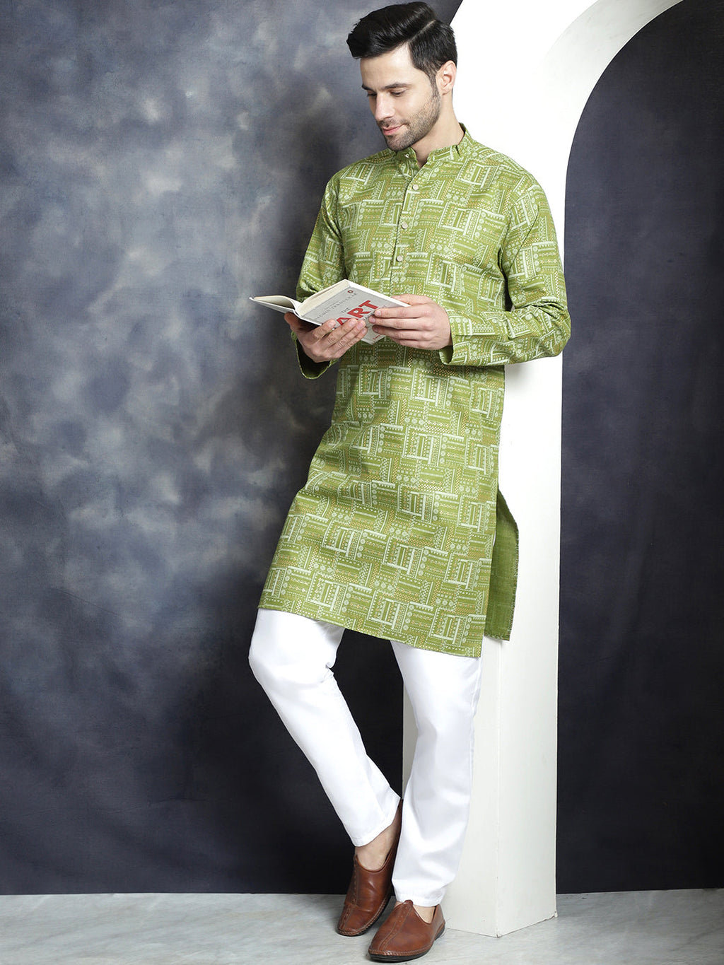 Jompers Men's Printed Kurta with Churidar - Olive
