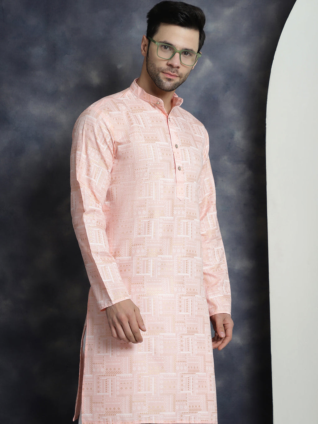 Jompers Men's Printed Kurta with Churidar - Peach