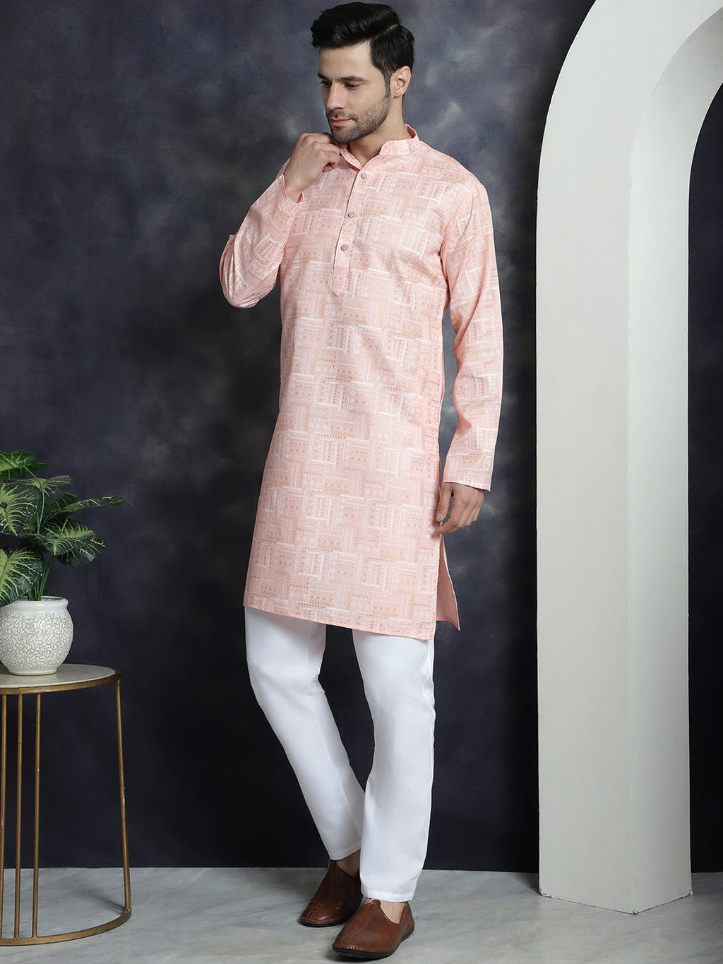 Jompers Men's Printed Kurta with Churidar - Peach