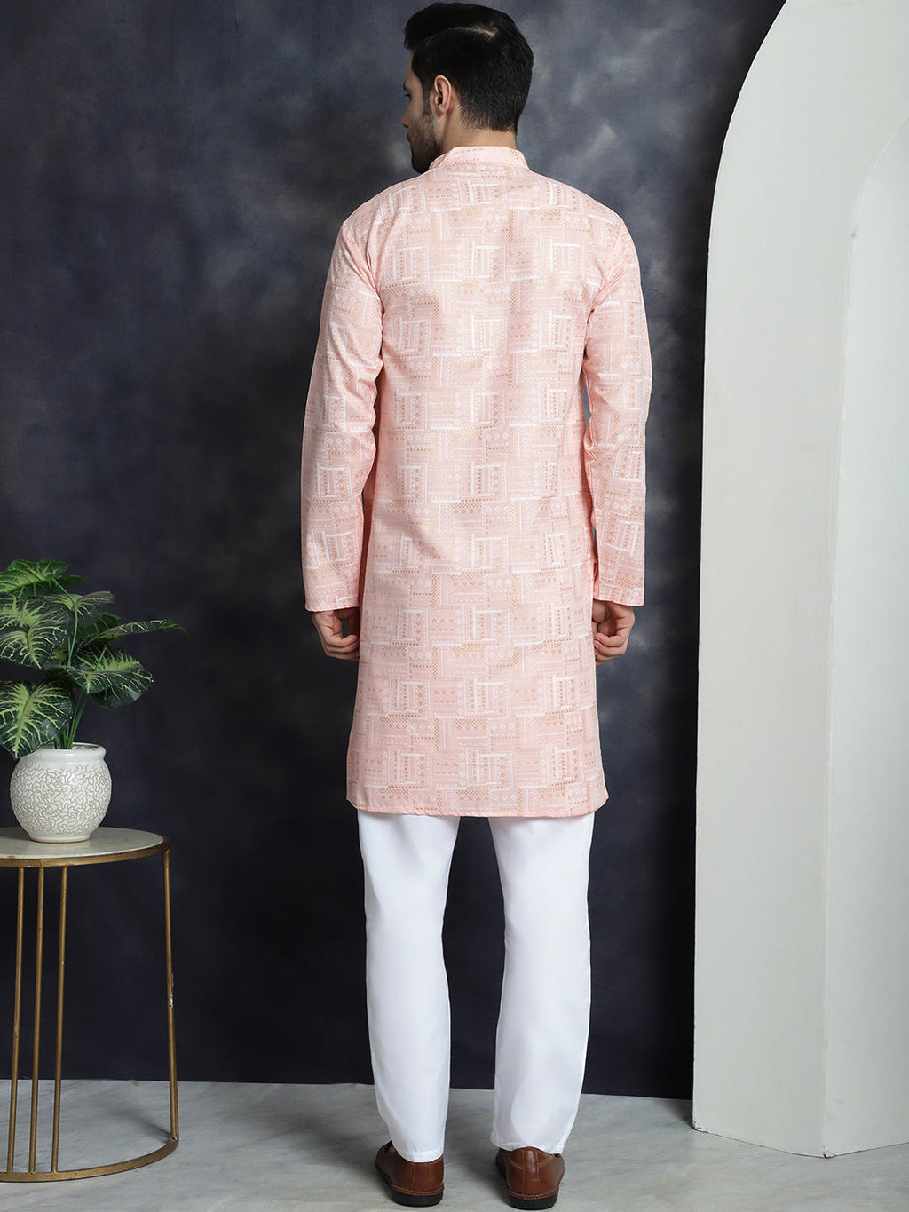 Jompers Men's Printed Kurta with Churidar - Peach