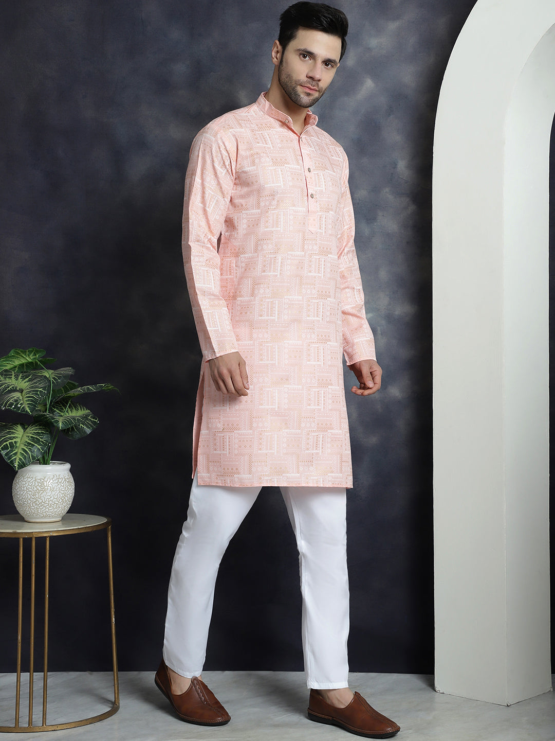 Jompers Men's Printed Kurta with Churidar - Peach