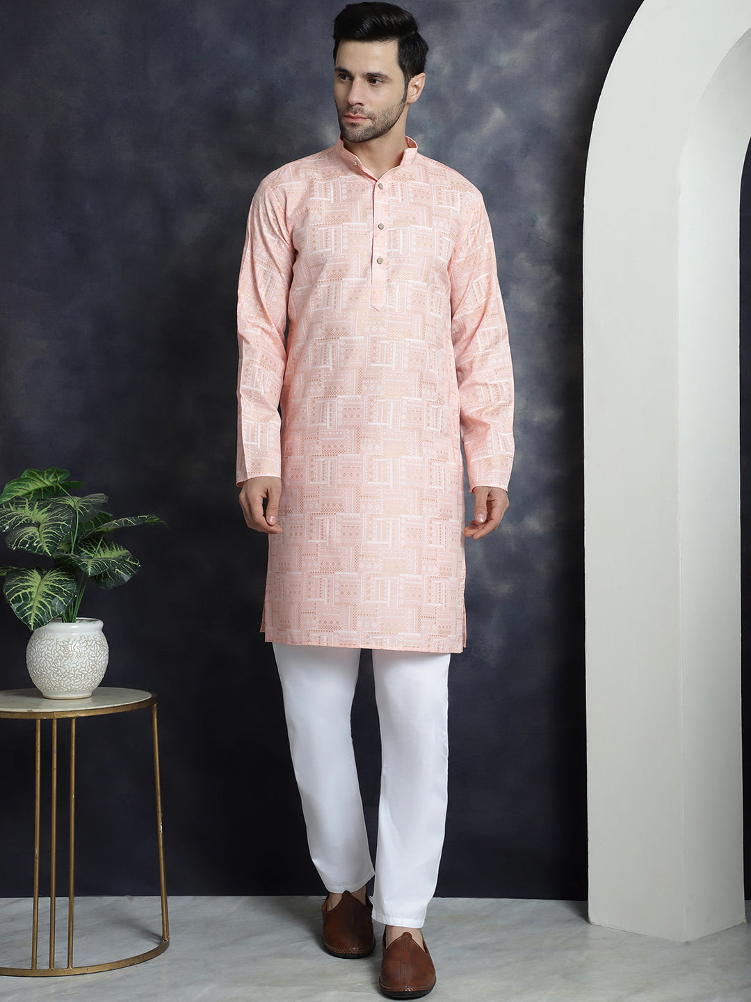 Jompers Men's Printed Kurta with Churidar - Peach