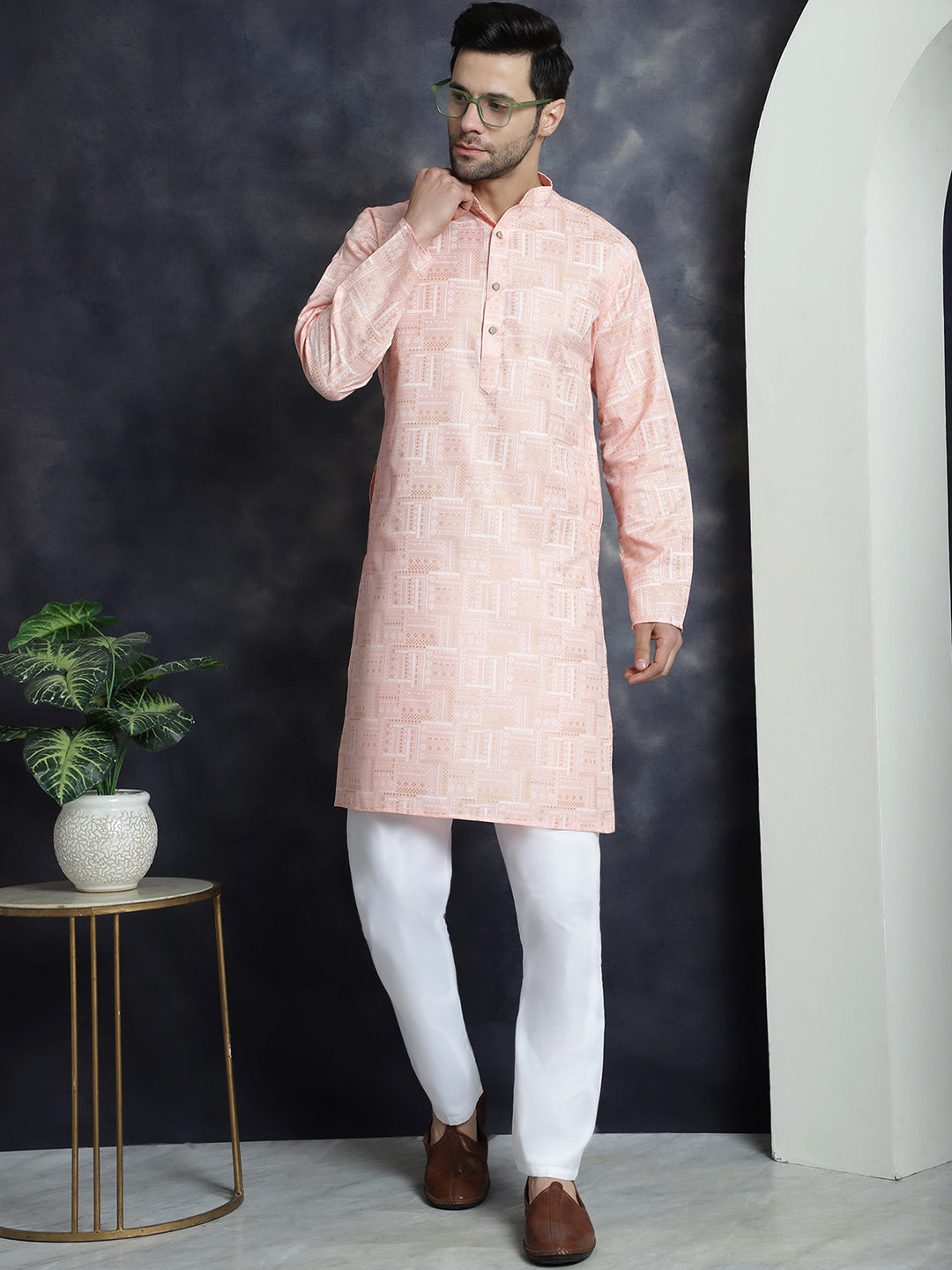 Jompers Men's Printed Kurta with Churidar - Peach