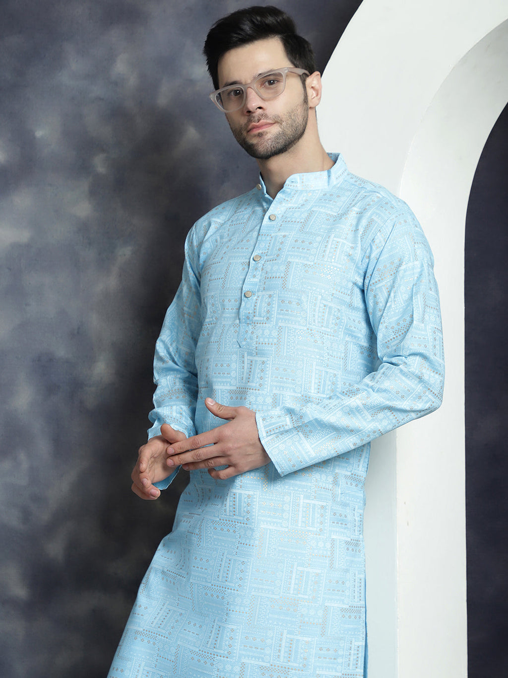 Jompers Men's Printed Kurta with Churidar - Sky Blue