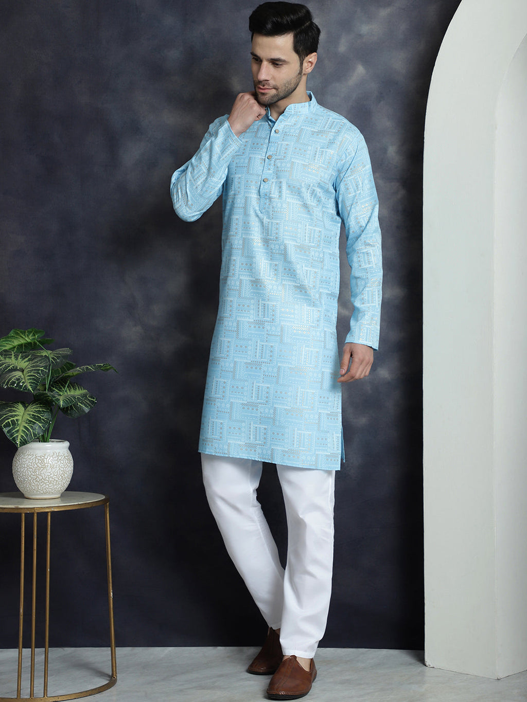 Jompers Men's Printed Kurta with Churidar - Sky Blue
