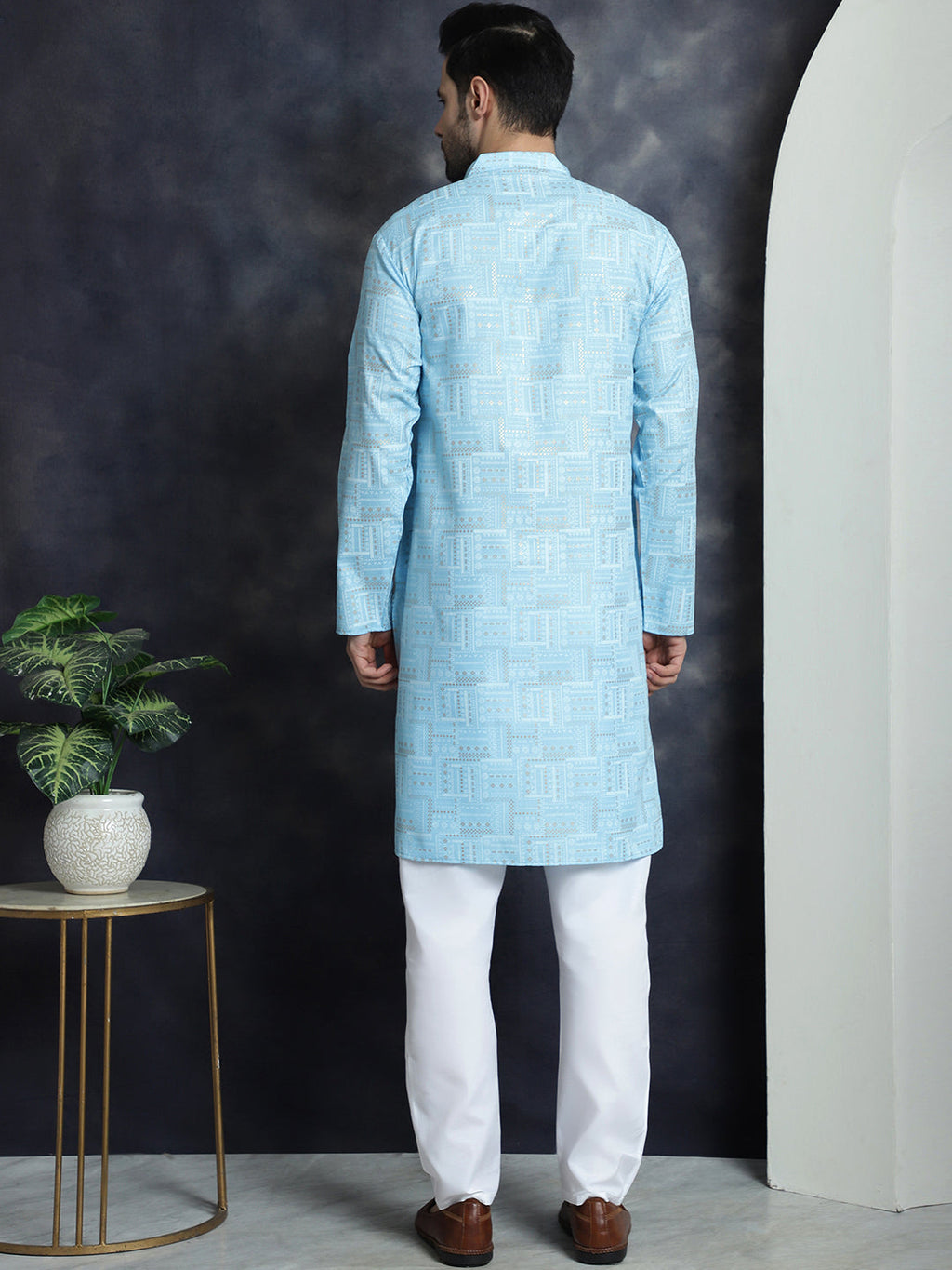 Jompers Men's Printed Kurta with Churidar - Sky Blue