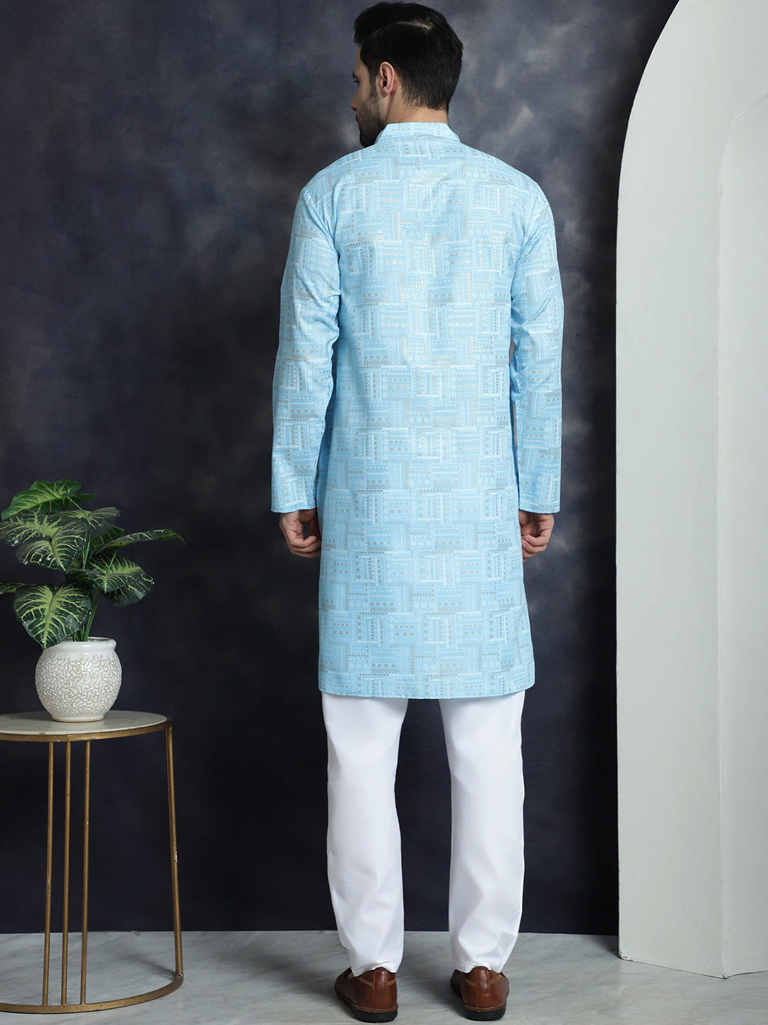 Jompers Men's Printed Kurta with Churidar - Sky Blue