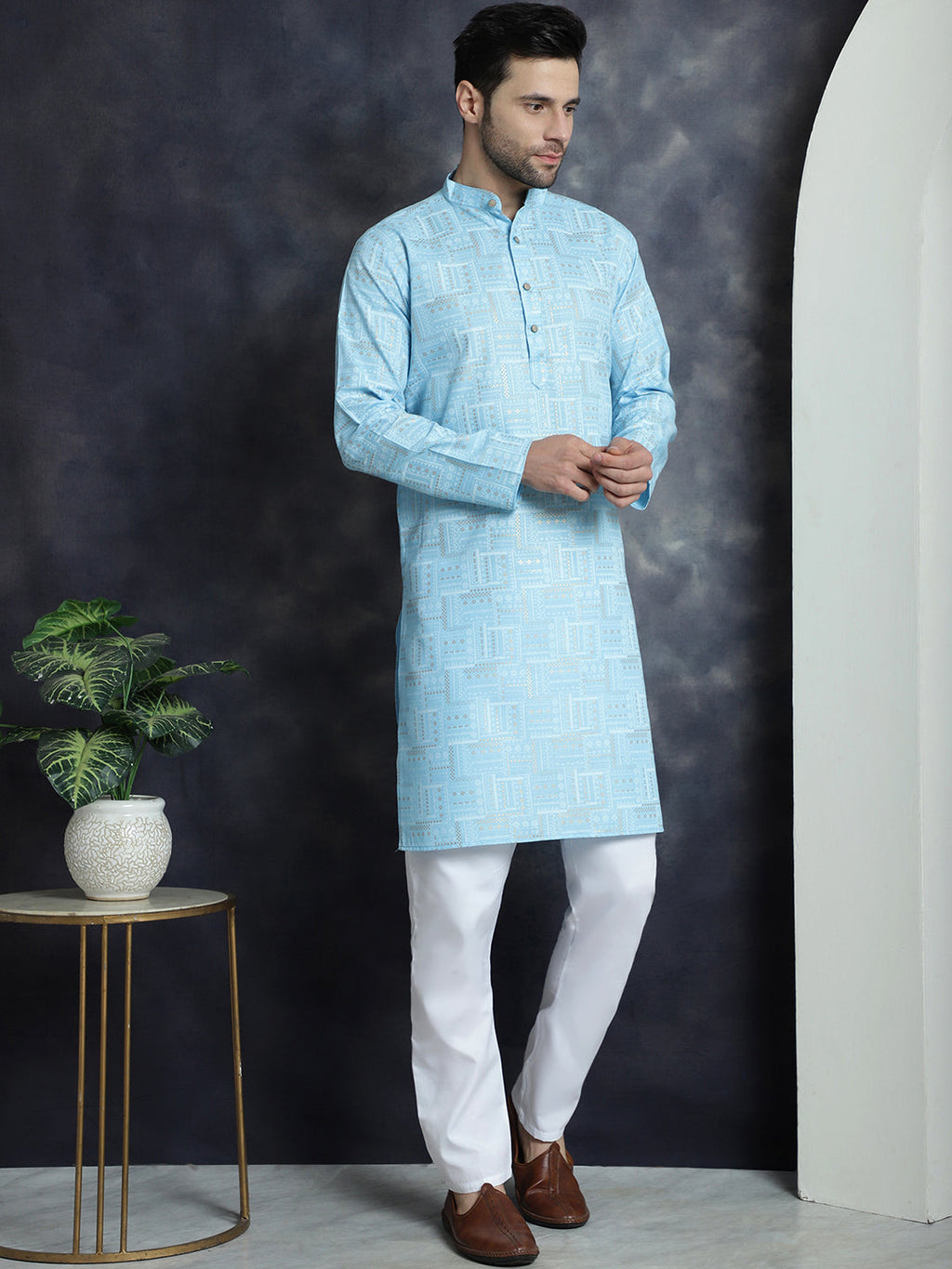 Jompers Men's Printed Kurta with Churidar - Sky Blue