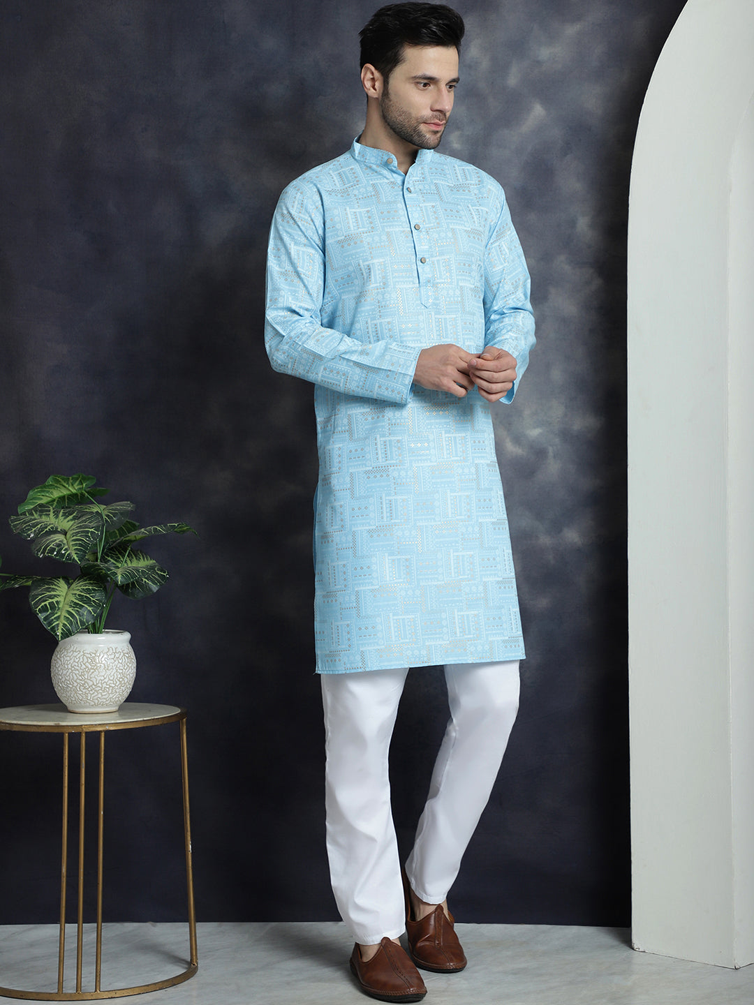 Jompers Men's Printed Kurta with Churidar - Sky Blue