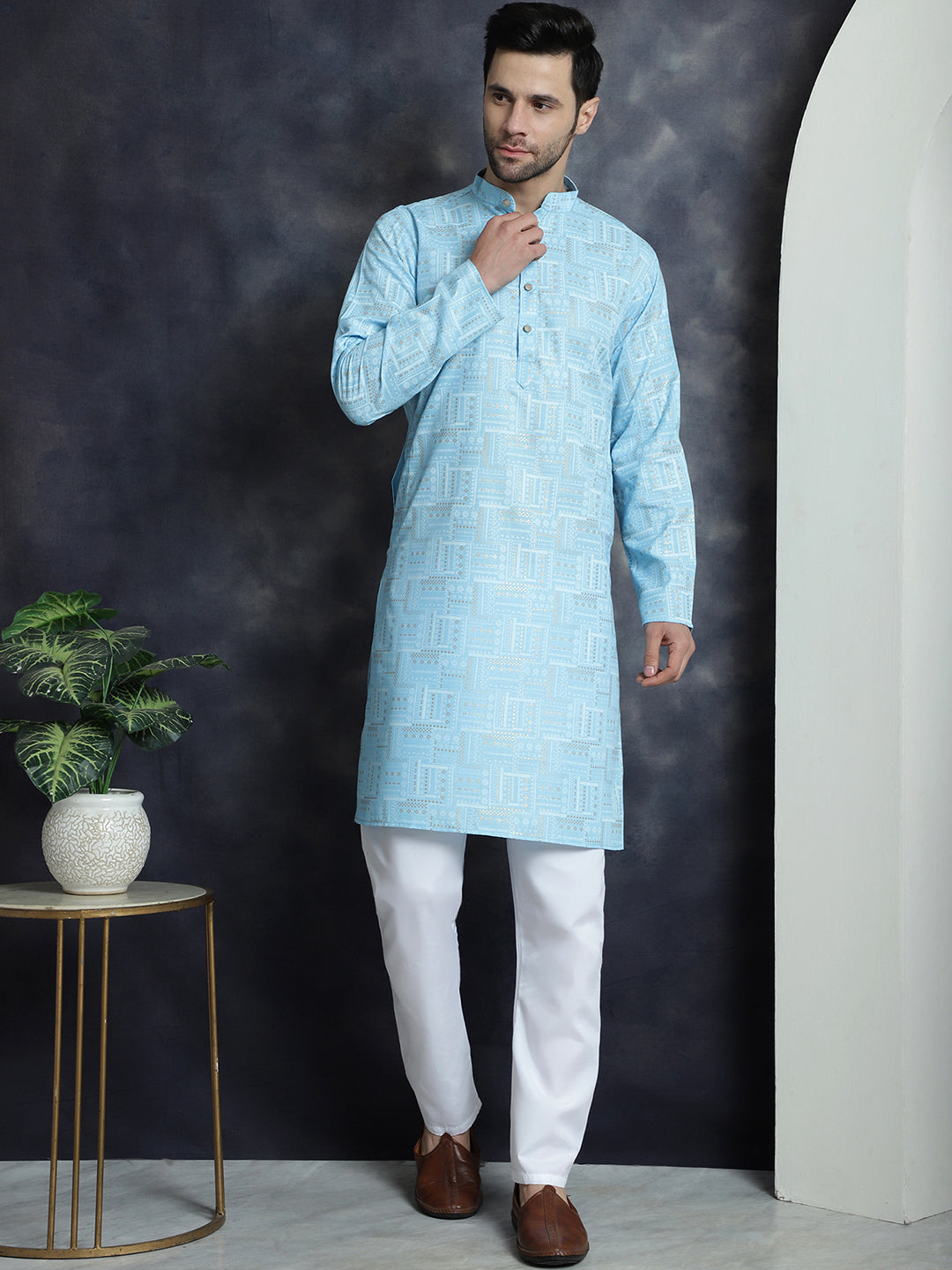 Jompers Men's Printed Kurta with Churidar - Sky Blue