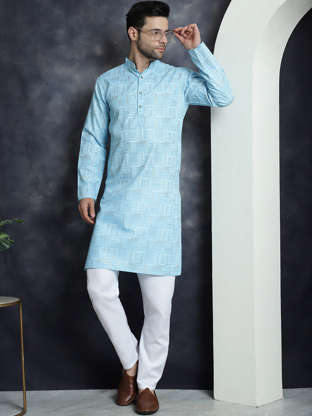 Jompers Men's Printed Kurta with Churidar - Sky Blue