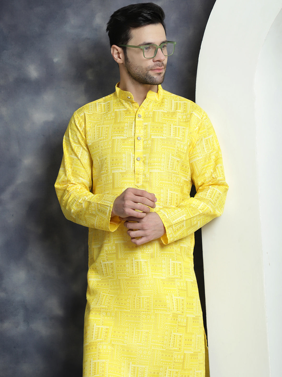 Jompers Men's Printed Kurta with Churidar - Yellow
