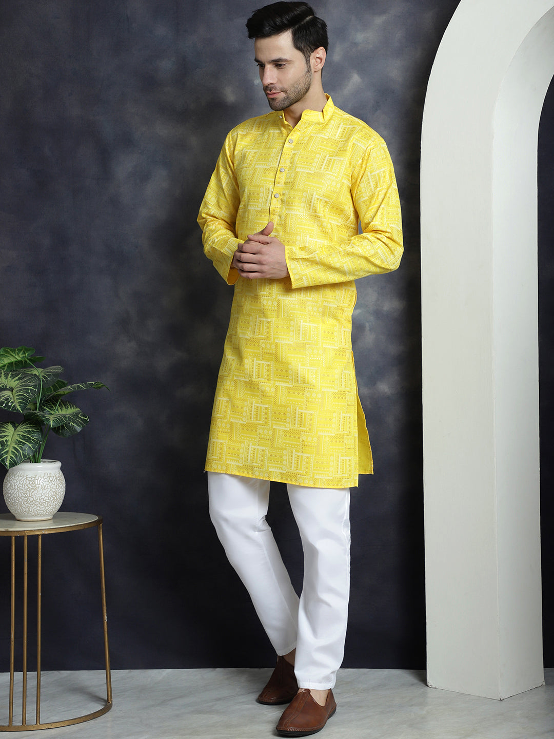 Jompers Men's Printed Kurta with Churidar - Yellow