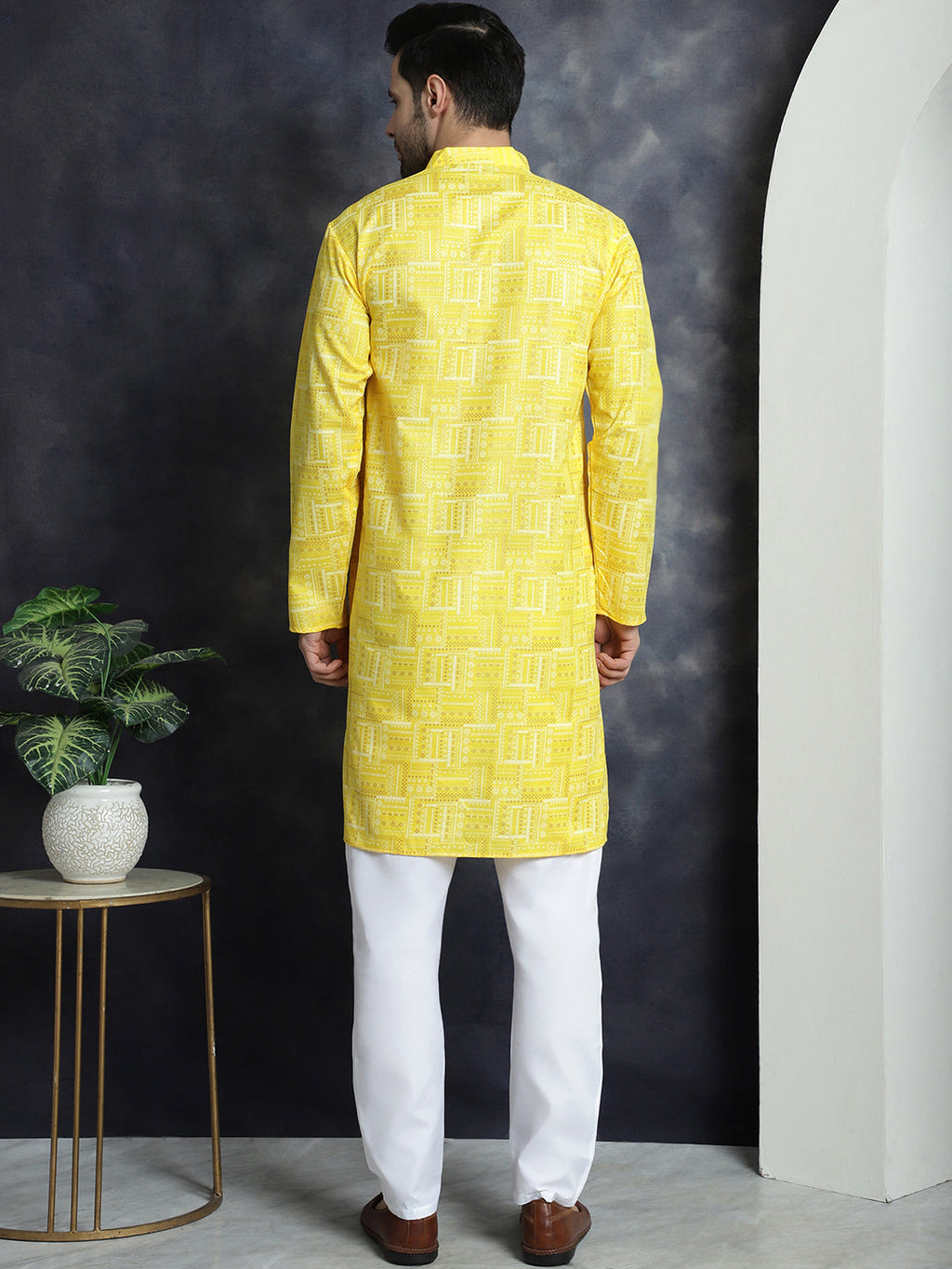 Jompers Men's Printed Kurta with Churidar - Yellow