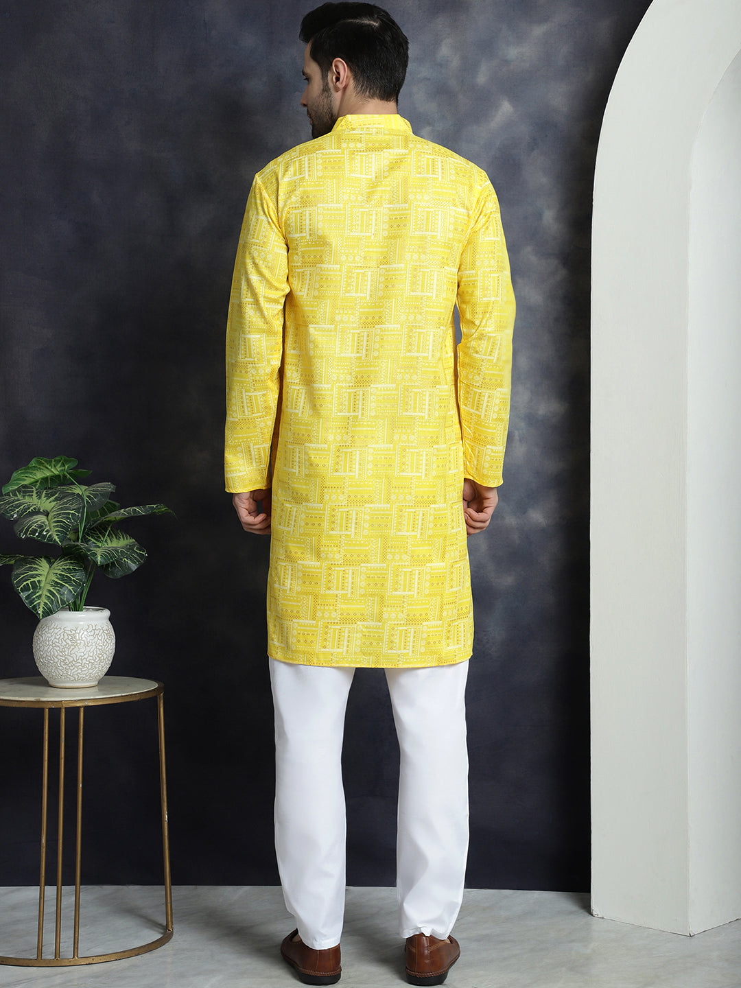 Jompers Men's Printed Kurta with Churidar - Yellow