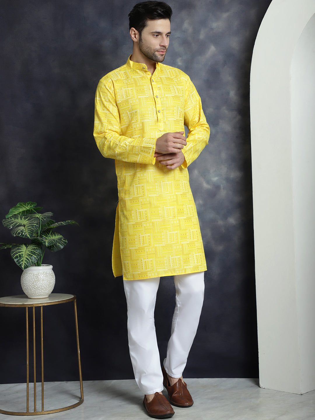 Jompers Men's Printed Kurta with Churidar - Yellow