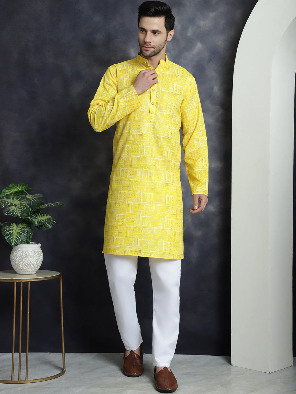 Jompers Men's Printed Kurta with Churidar - Yellow