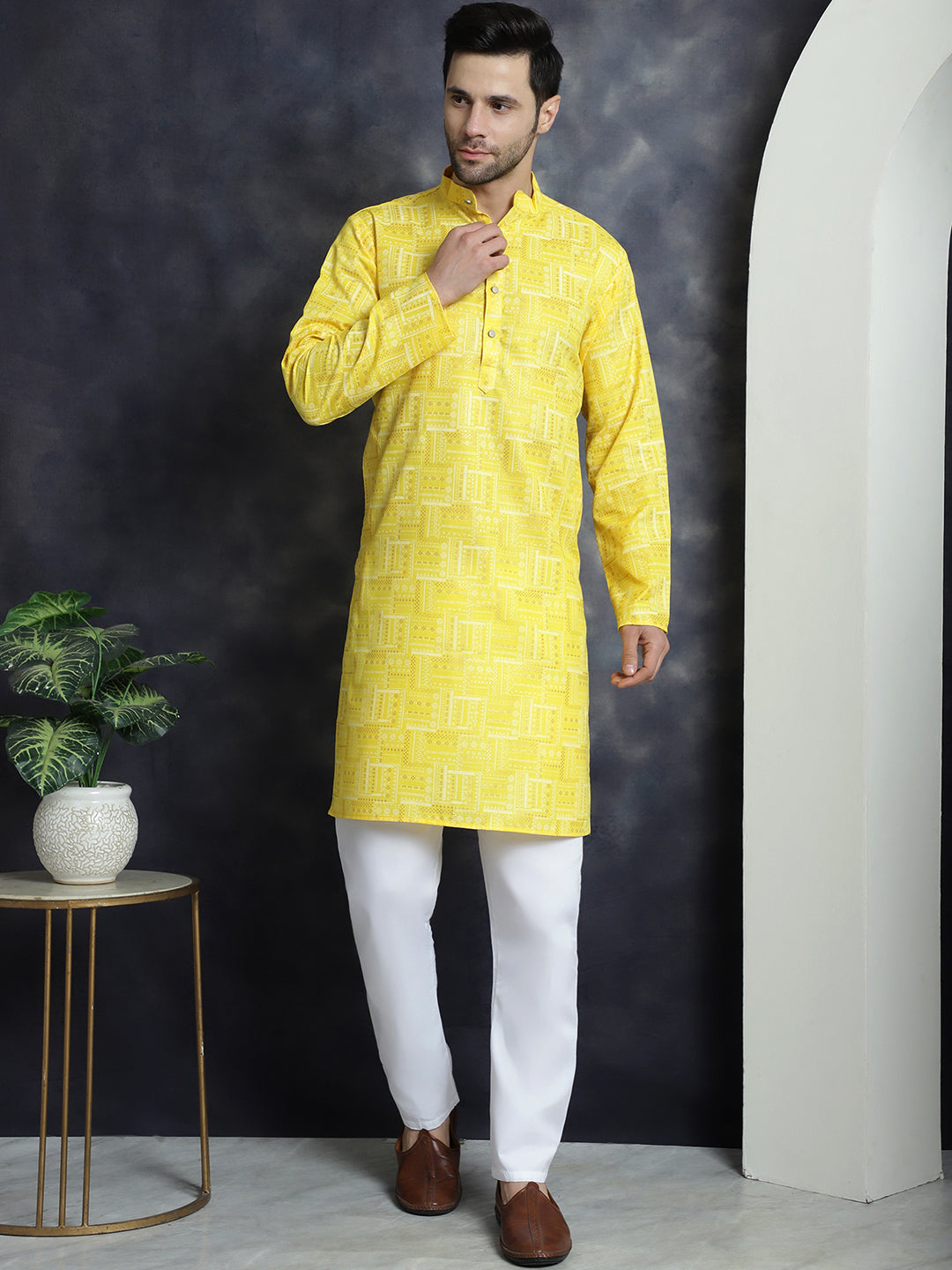 Jompers Men's Printed Kurta with Churidar - Yellow
