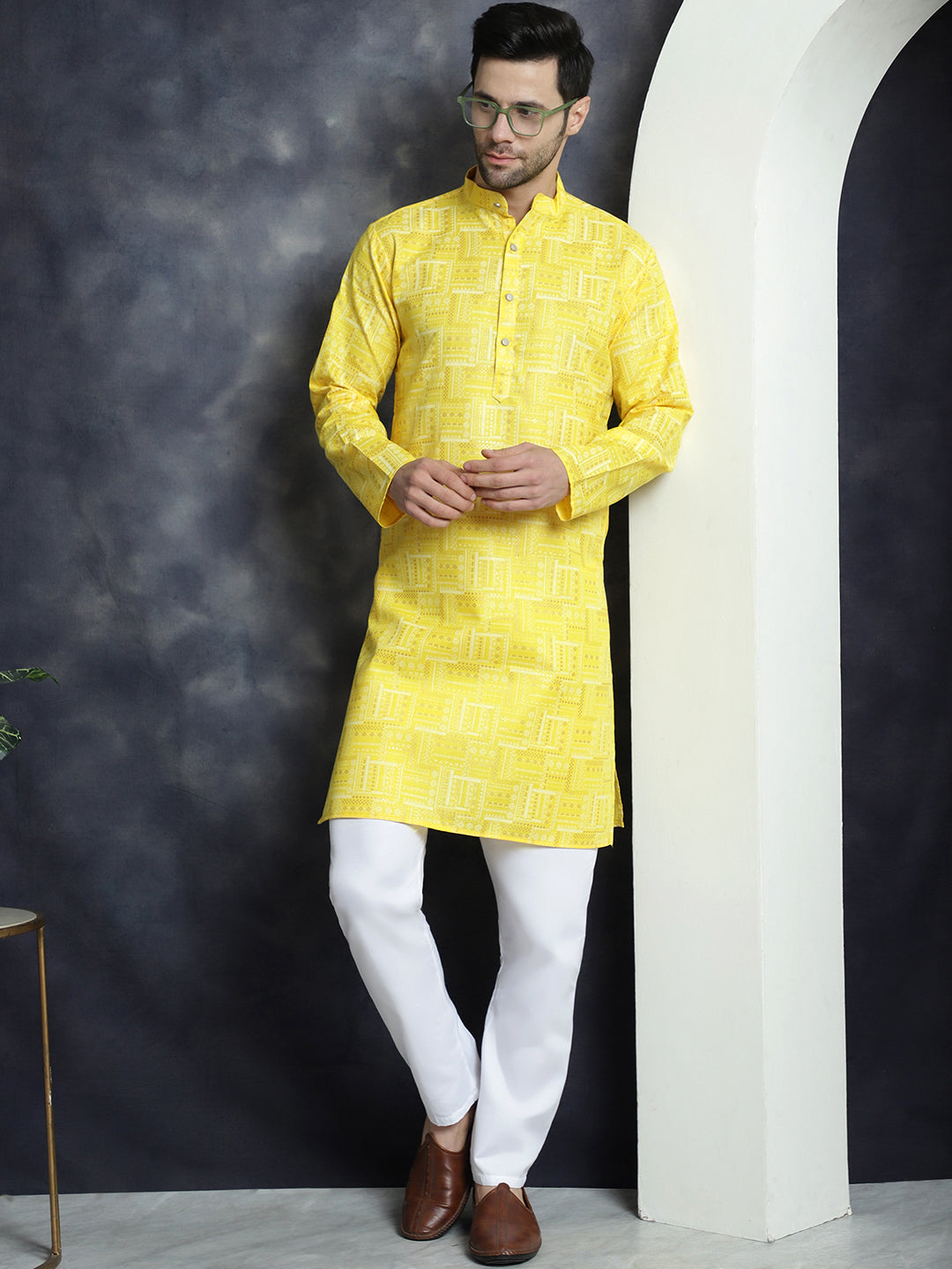 Jompers Men's Printed Kurta with Churidar - Yellow