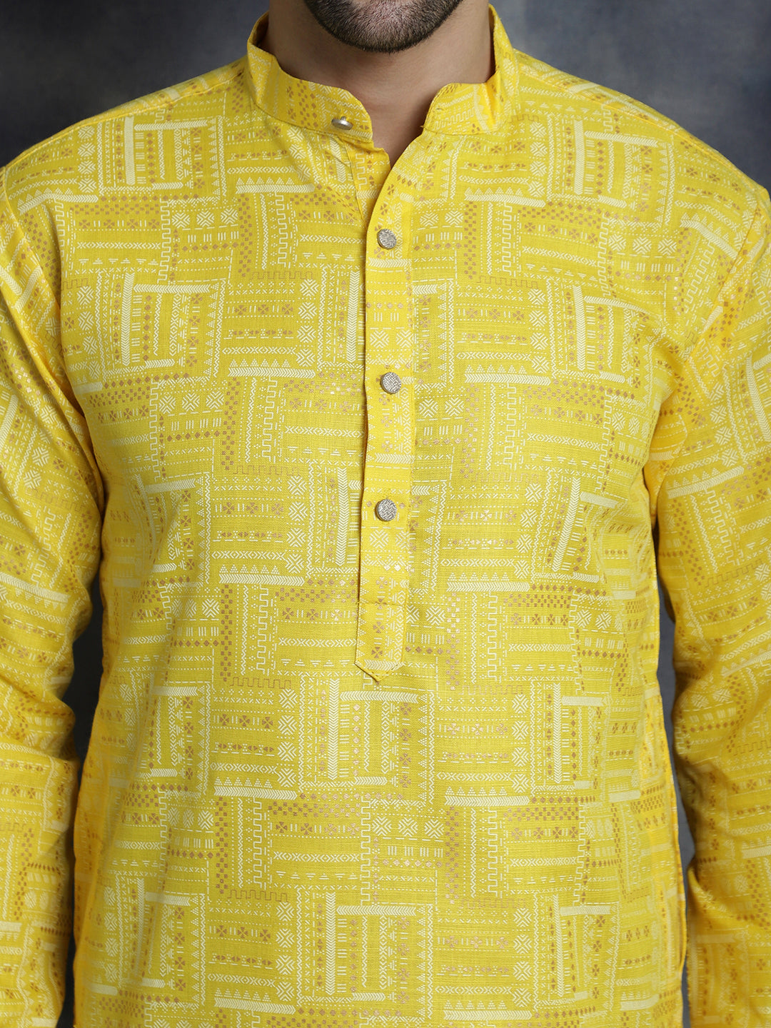 Jompers Men's Printed Kurta with Churidar - Yellow