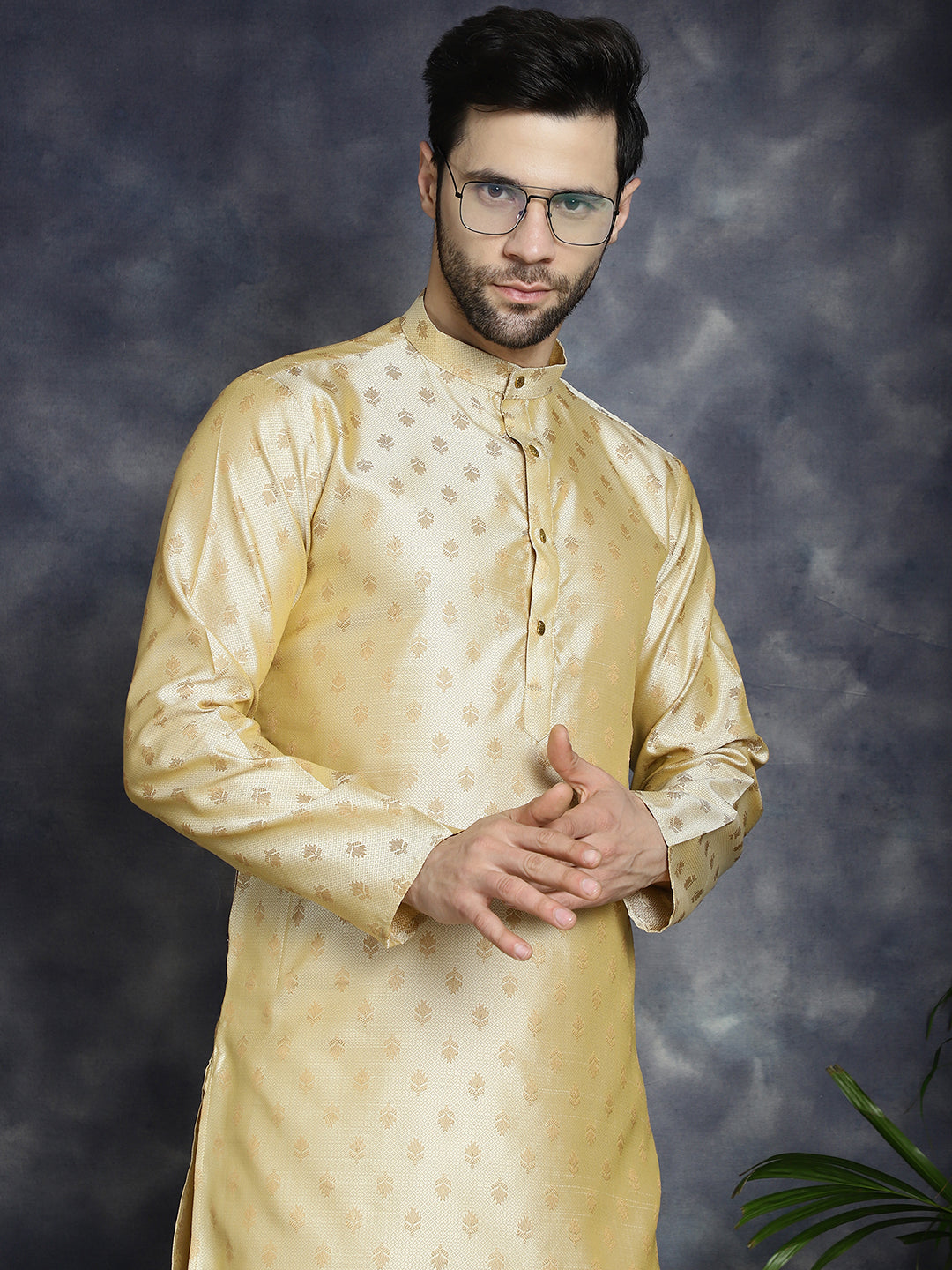 Jompers Men's Woven Design Silk Blend Kurta with Pyjama - Golden